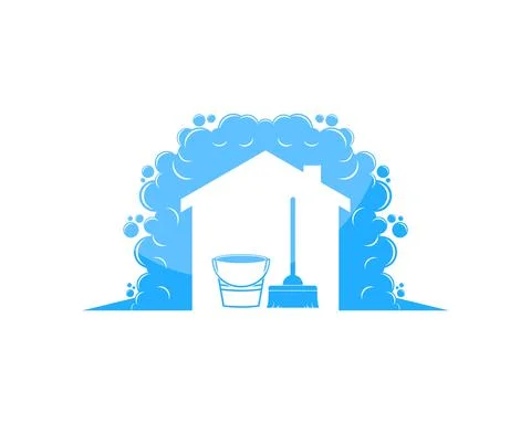 Simple house with bubble foam and cleaning tools inside Illustrazione stock