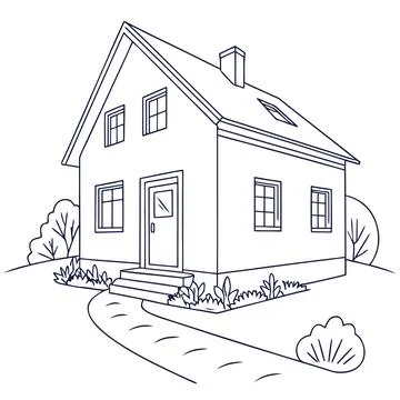 Simple house outline with path and bushes 스톡 일러스트