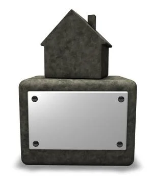 Simple house on stone socket with blank white sign - 3d illustration Stock Illustration