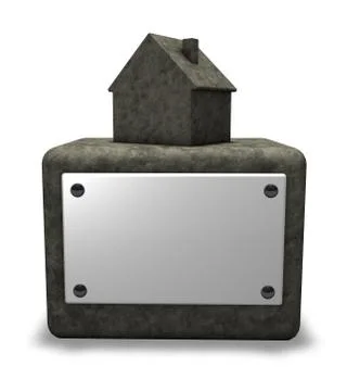 Simple house on stone socket with blank white sign - 3d illustration Stock Illustration