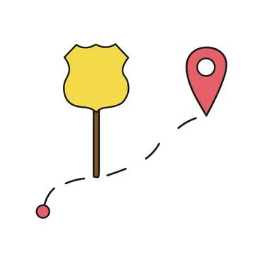 Simple icon. Path and route with location point and highway sign Illustrazione stock