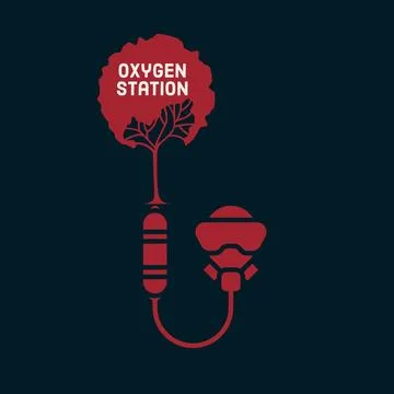 Simple icon people using oxygen from the tree with text OXYGEN STATION. Stock Photos
