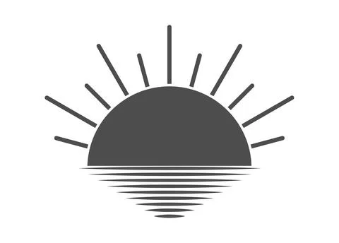 Simple icon of the rising or setting sun on the background of the water surfa Stock Illustration