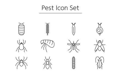 Simple icon set of unpleasant pests, cockroaches, mites, mosquitoes, flies, Stock Illustration