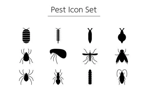 Simple icon set of unpleasant pests, cockroaches, mites, mosquitoes, flies, Illustration