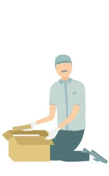 Simple illustration of a senior worker man wearing a hat putting a package .. Illustrazione stock