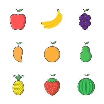 Simple illustration set fruit icon with apple, banana, grape, mango, orange,  Stock Illustration