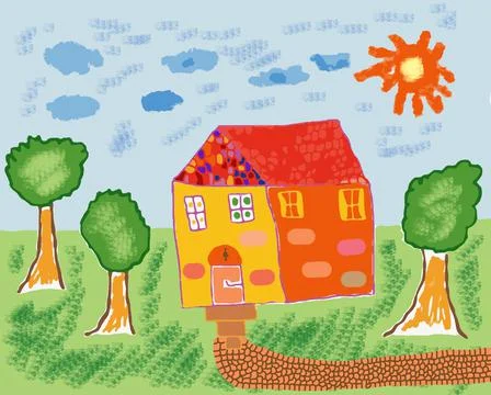Simple illustration of a small house surrounded with several trees. Stock Illustration