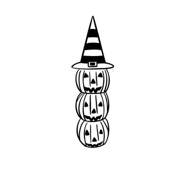 Simple illustration of three holiday pumpkins in a witch hat, halloween holid Stock Illustration