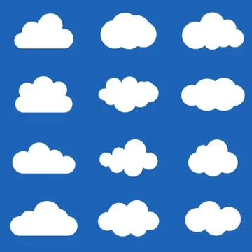 Simple illustration of white clouds in various shapes on a blue background イラスト素材