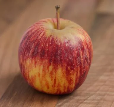 Simple image of single red and yellow apple against rustic wood background Stock Photos