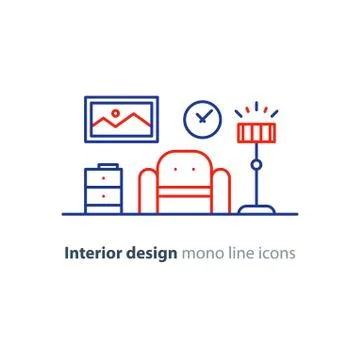 Simple interior, apartment design services, line furniture icons set Stock Illustration