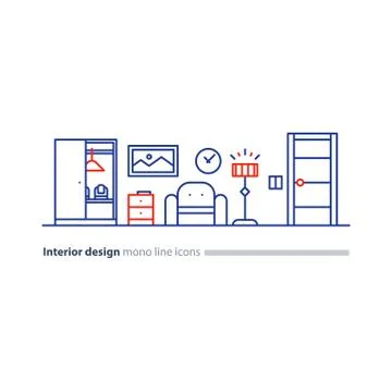 Simple interior, apartment design services, line furniture icons set Illustrazione stock
