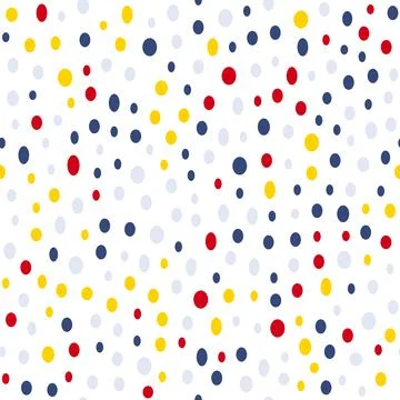 Simple irregular dot seamless pattern, grey, yellow, red, blue dots on white. Stock Illustration