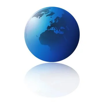 Simple Isolated Blue Earth Globe Design with Reflection on White Background.. Stock Illustration
