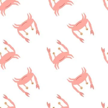 Simple isolated seamless seafood pattern with pink pastel crabs. Animal ornam Stock Illustration