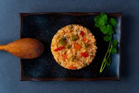 Simple italian vegan spring risotto on dark background with asparagus on dark Stock Photos