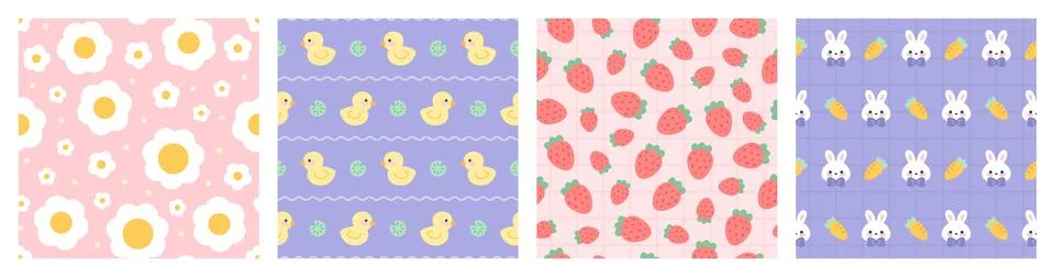 Simple kids seamless patterns. Cute repeated elements, kawaii childish objects Illustrazione stock