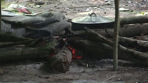 Simple kitchen in the hunters camp in African rain forest Stock Footage 81532066