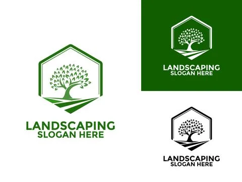 Simple Landscaping Logo Design Template, Hexagon with Tree and Grass logo v.. Stock Illustration