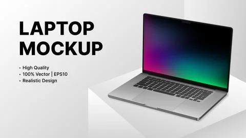 Simple Laptop Mockup on White Background. Minimalistic Banner Design for Stock Illustration