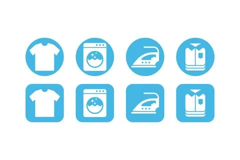 Simple laundry icon set in blue color. Clothes, washing machine, ironing, a.. Stock Illustration