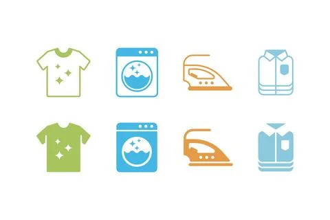 Simple laundry icon set. Clothes, washing machine, ironing, and folded clot.. Illustrazione stock