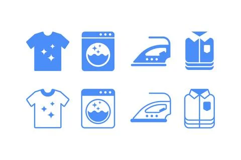 Simple laundry icon set. Clothes, washing machine, ironing, and folded clot.. Stock Illustration