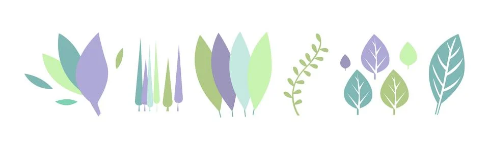 Simple Leaf and Foliage Element with Stem Vector Set Illustrazione stock