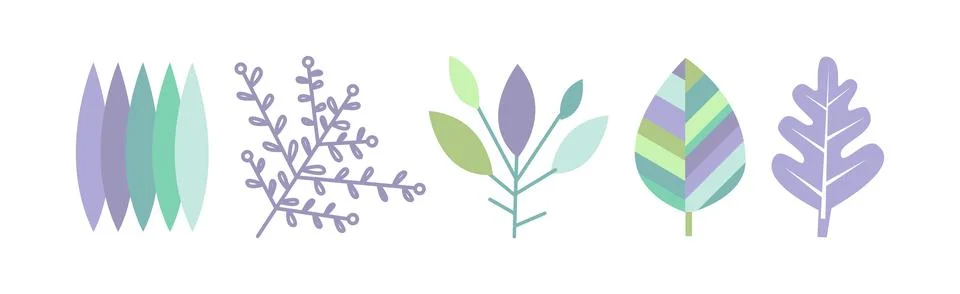 Simple Leaf and Foliage Element with Stem Vector Set 스톡 일러스트