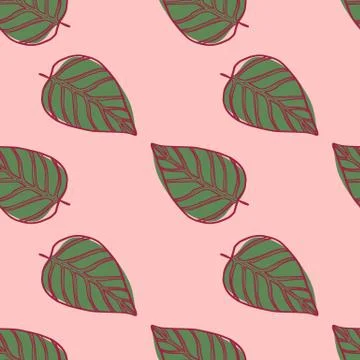 Simple leaf ornament seamless pattern. Green floral shapes with red contour o Stock Illustration