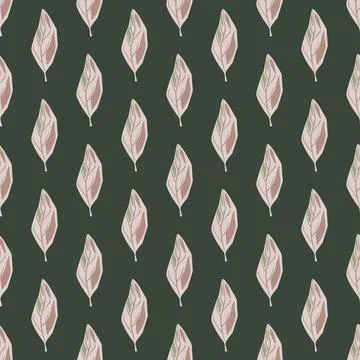 Simple leaf ornament seamless pattern. Botanic print in pastel tones on dark  Illustrazione stock