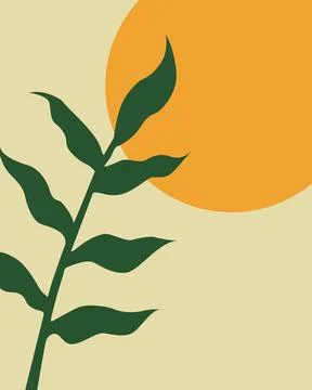 Simple leafy branch against warm, circular sun 库存插图