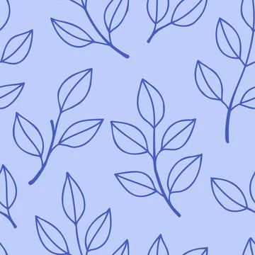 Simple leaves pattern blue outline on light blue background. Mediterranean blue Stock Illustration