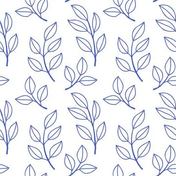 Simple leaves pattern blue outline on white background. Mediterranean blue Stock Illustration