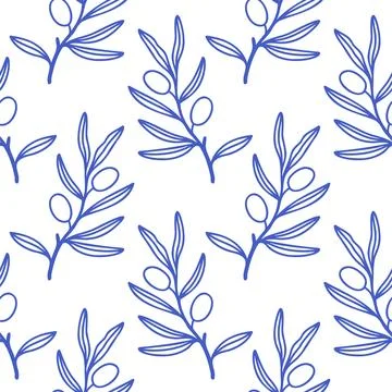Simple leaves pattern blue outline on white background. Mediterranean blue Illustrazione stock