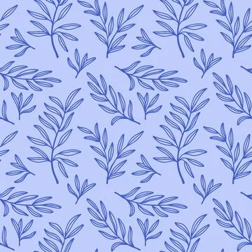 Simple leaves pattern blue outline on light blue background. Mediterranean blue Stock Illustration