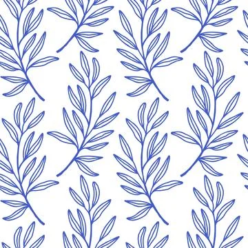 Simple leaves pattern blue outline on white background. Mediterranean blue Stock Illustration