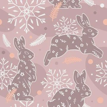 Simple light beige seamless pattern of rabbits, snowflakes, and fir branches. Stock Illustration