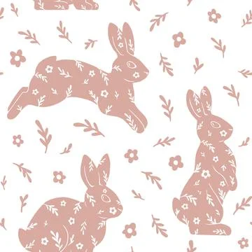 Simple light beige seamless pattern of bunnies and flowers. Vector modern ill イラスト素材