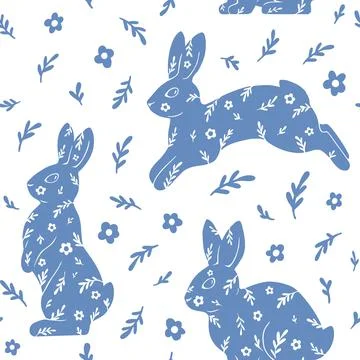 Simple light blue seamless pattern of rabbits and flowers. Vector modern illu イラスト素材