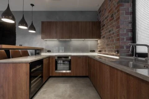 Simple light modern interior design of kitchen Stock Photos