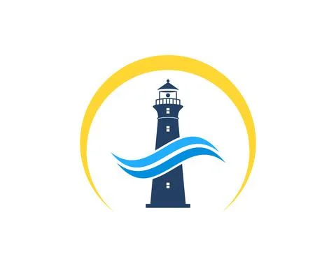 Simple lighthouse with wave and yellow swoosh Stock Illustration
