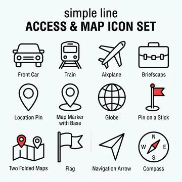 Simple line access and map icon set featuring transportation, location, and.. Stock-Illustration