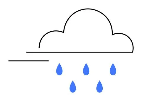 Simple Line Art of Cloud with Falling Blue Raindrops in Minimalist Weather Ic Stockillustratie