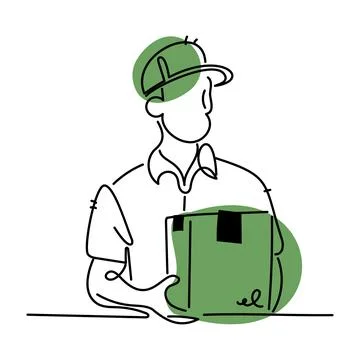Simple line art of a delivery man in uniform holding a parcel, ideal for Stock Illustration