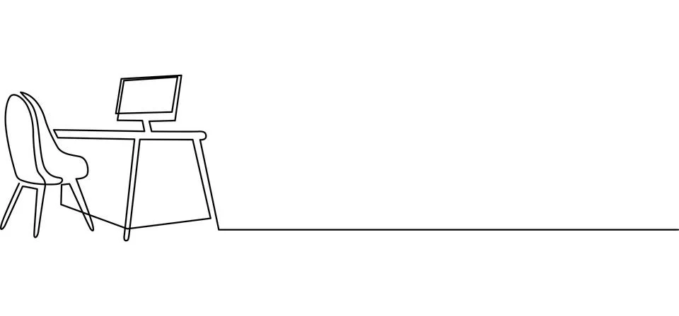 Simple line art of a desk with computer and chair on a white background Vecto Illustrazione stock
