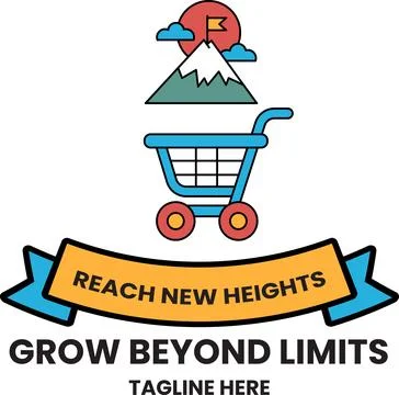 Simple line art features a shopping cart atop a mountain Stock Illustration