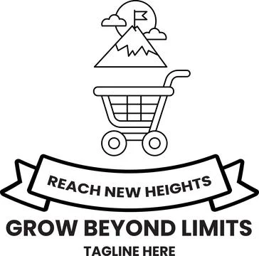 Simple line art features a shopping cart atop a mountain Stock Illustration