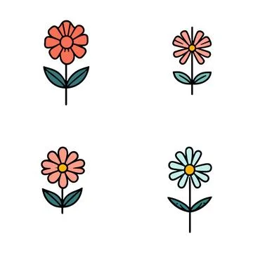 Simple Line Art Flowers Set of Four Different Colors Stock Illustration